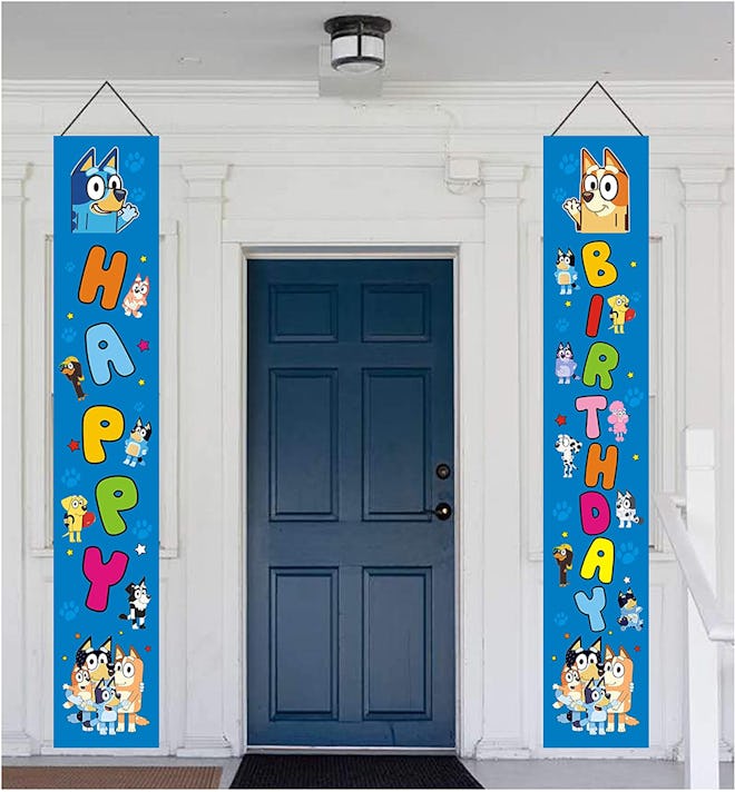 Front door with a "Happy" banner on one side and "Birthday" banner on the other with "Bluey" charact...