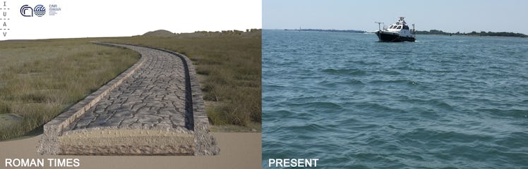 A rendering of an ancient Roman road alongside the current-day Venice Lagoon that covers it.