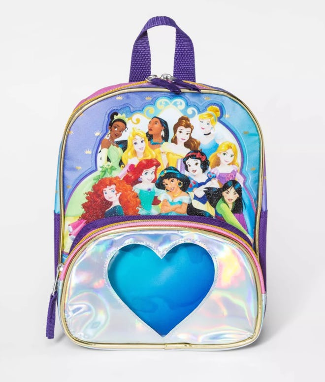Backpack with Disney princesses and a front pocket with a big blue heart