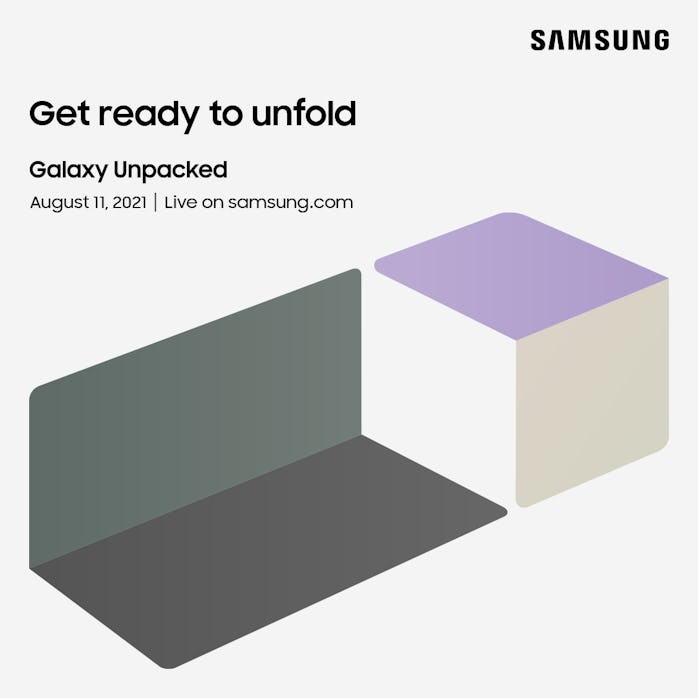 Samsung Galaxy Unpacked media invite for August 11 at 10 a.m. ET. showing Galaxy Z Fold 3 and Galaxy...