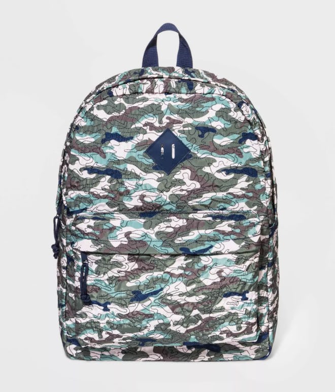 Kids backpack with green, blue, and grey camo pattern