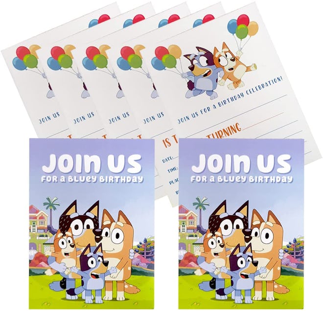 Birthday party invites featuring characters from the show "Bluey"