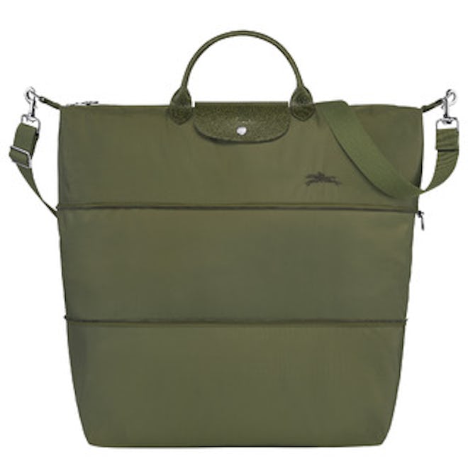 Longchamp's Le Pilage Travel Bag in forest green. 