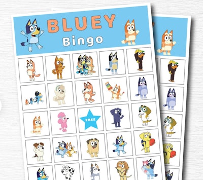 Bingo cards featuring characters from the show "Bluey"