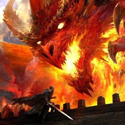 dragon fighting adventurer with sword in D&D Next art