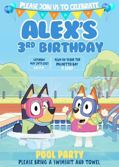 Birthday party invite with characters from the cartoon show "Bluey", swimming in a pool 