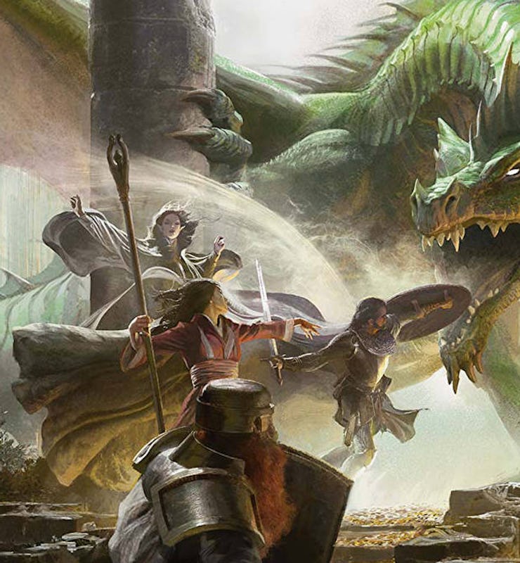 party of adventurers fighting a dragon in dungeons and dragons art