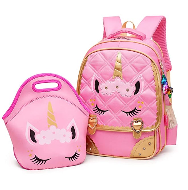 Pink lunchbox and backpack with matching unicorn face on each