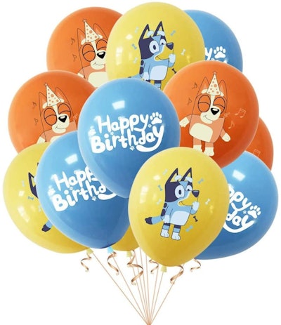 Balloon bundle; balloons in orange, blue, and red featuring characters from "Bluey"