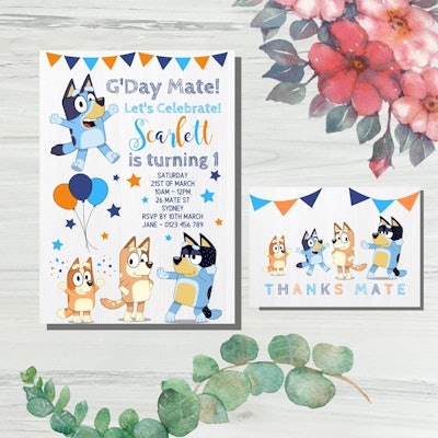 Birthday party invitation featuring characters from the show "Bluey"