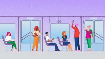 An illustration of people sitting and standing in public transit