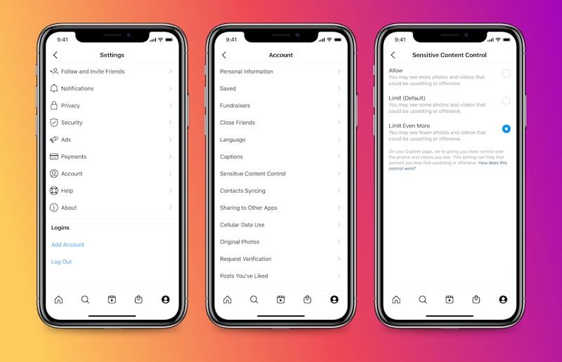 Screenshots showing how to use Instagram's Sensitive Content Control setting.