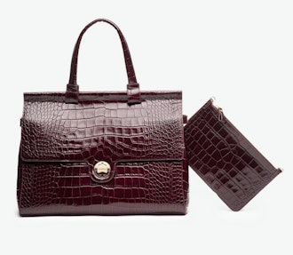 JEMMa's crocodile bordeaux traveler tote that has a section for your laptop. 