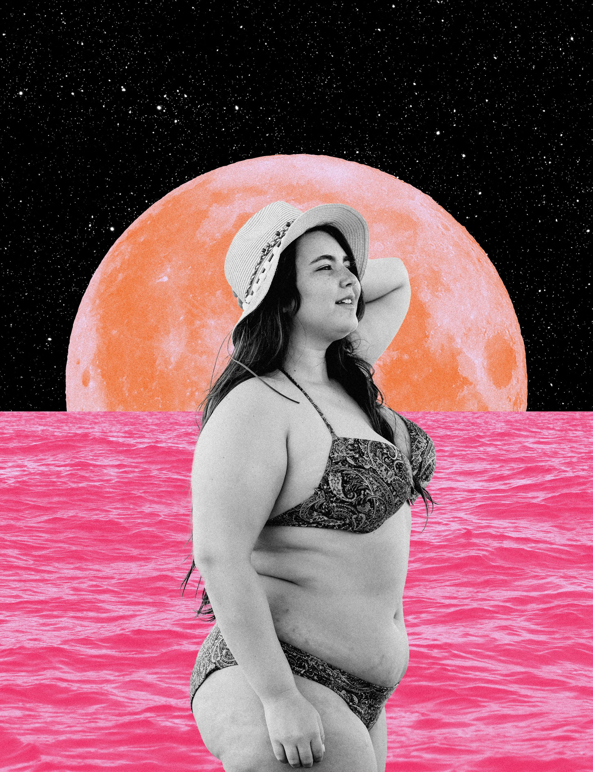 Young woman in a bathing suit, waiting for her August 2021 monthly horoscope.