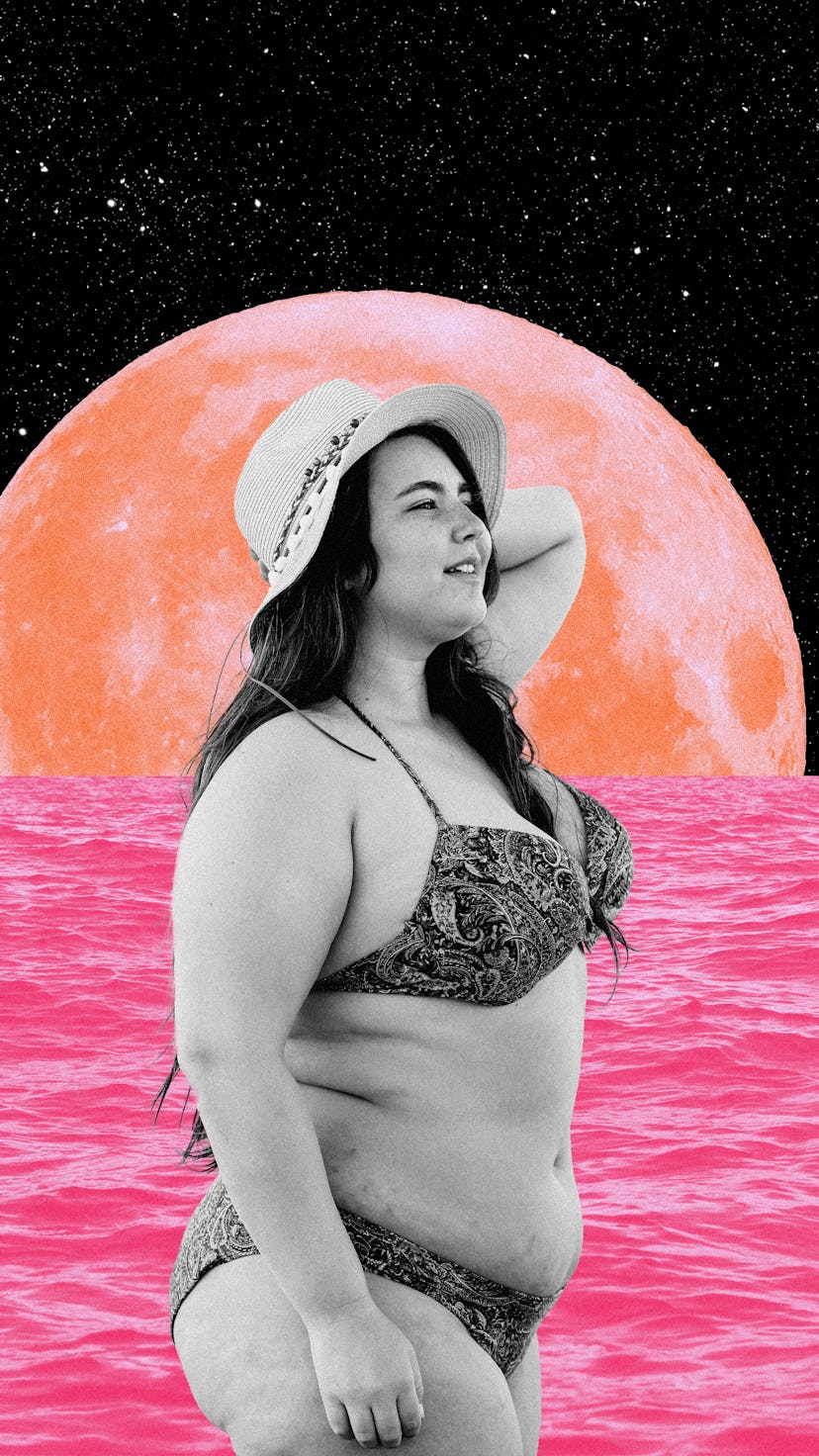 Young woman in a bathing suit, waiting for her August 2021 monthly horoscope.