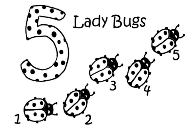 coloring page with five ladybugs