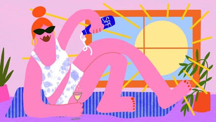 An illustration of a woman in a bikini applying sunscreen indoors