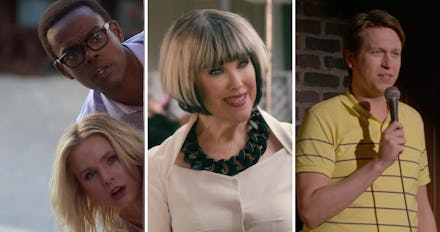 A collage of feel-good shows featuring "The Good Place," "Schitt's Creek," and "Crashing"