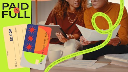 Banner of two women talking about something, one of them holding a paper and a tablet, with paid in ...