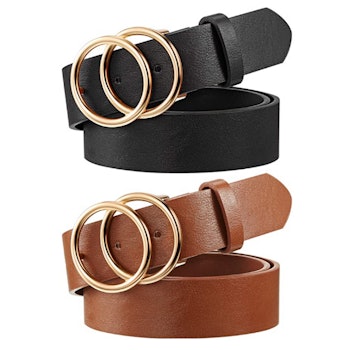 Syhood Faux Leather Waist Belts with Double O-Ring Buckle (2-Pack))
