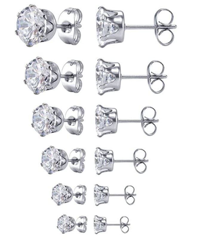 Jstyle Stainless Steel Zirconia Stud Earring (6 Pairs)