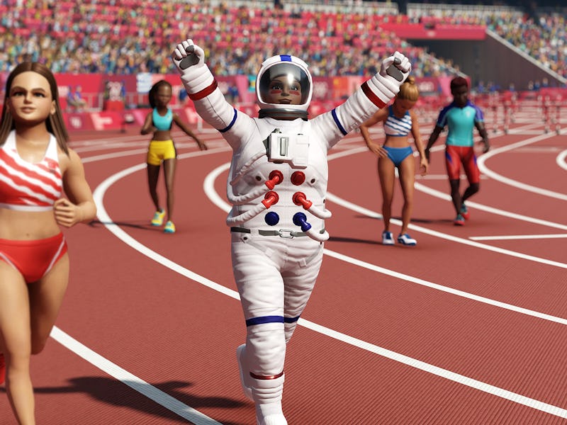 A screenshot from the Tokyo 2020 Olympics on PS5 and XBOX Series X with various characters on a runn...