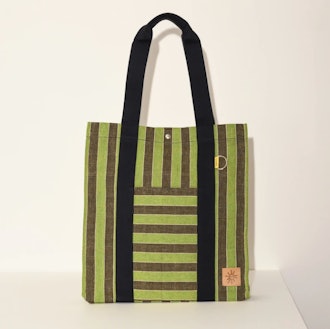 Goodee's Bassi Market Tote in Green and Mimosa Stripe that can hold a laptop.
