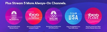 A screenshot from the Peacock app with the Olympics channels 