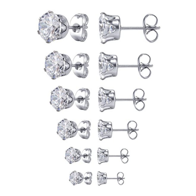 Jstyle Stainless Steel Round Cubic Zirconia Stud Earring (6-Pack)