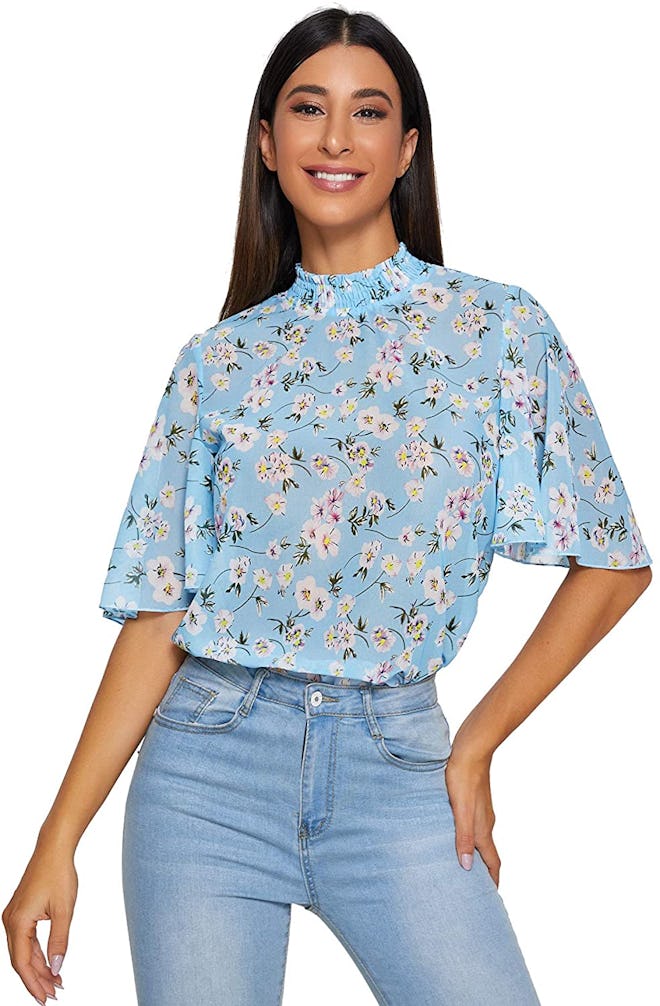 Floerns Floral Print High Neck Ruffle Blouse