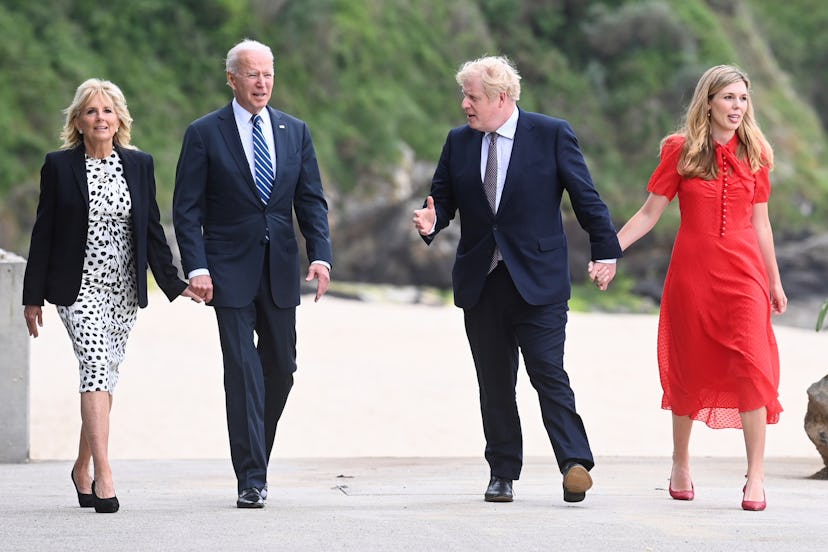Britain's Prime Minister Boris Johnson, his wife Carrie Johnson and U.S. President Joe Biden with Fi...