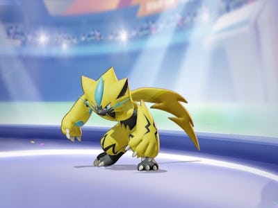 Zeraora in Pokemon Unite on a lavender-blue display