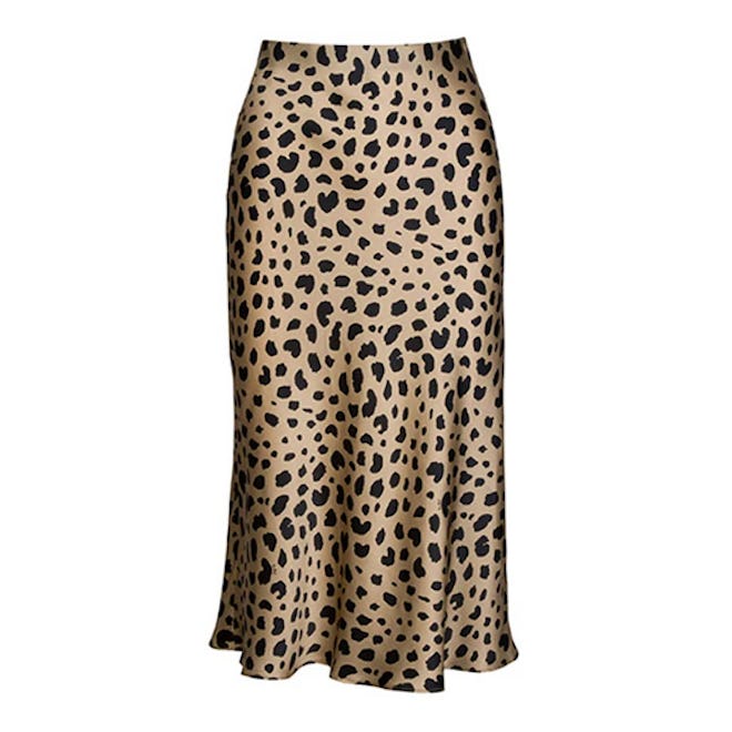 Soowalaoo High Waist Satin Leopard Midi Skirt