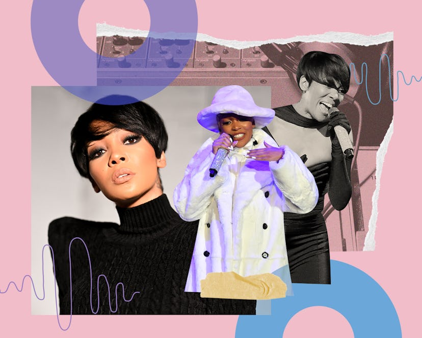 Singer-songwriter Monica perofrming her new album live next to her album cover
