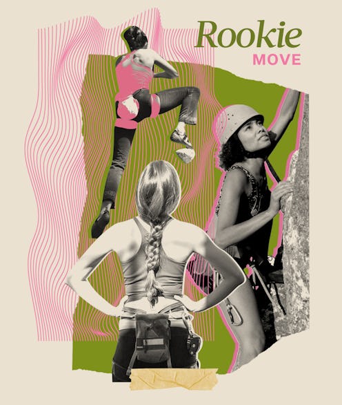 An instructor of rock climbing helping two rookies at a climbing gym