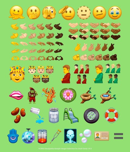 A screenshot of new 2021 emojis. The new 2021 emojis were announced by the unicode consortium on jul...