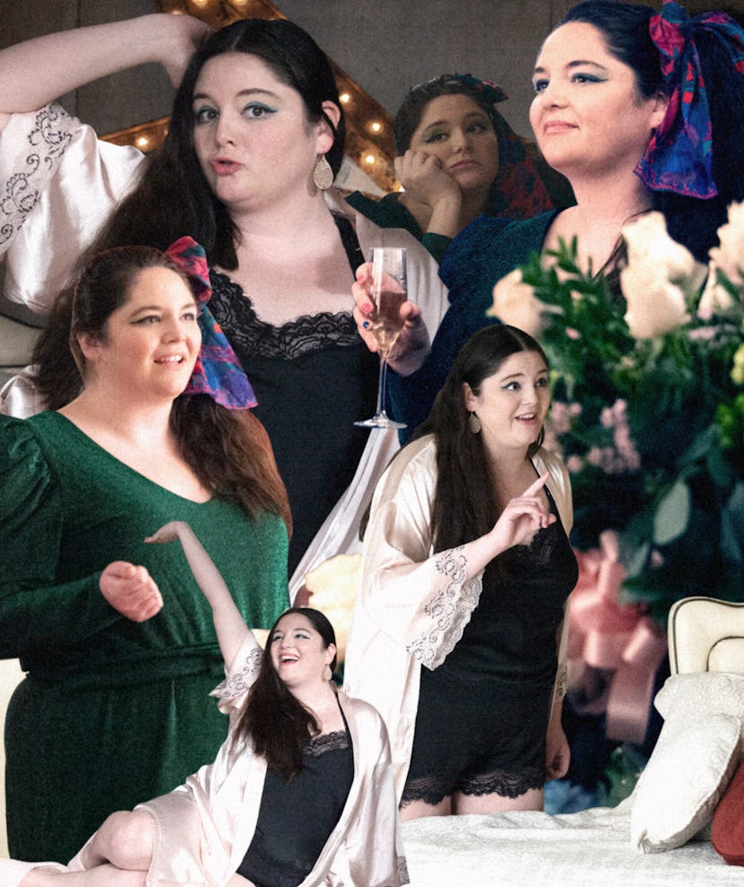 collage of meg stalter in character