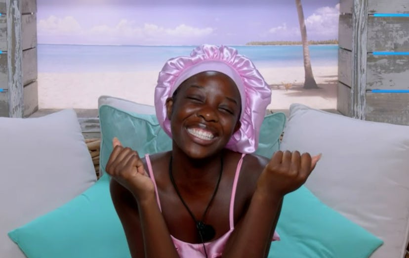 Kaz in her bonnet on 'Love Island'.