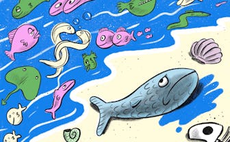 Fish alone on land while other fish couples swim freely in the ocean.