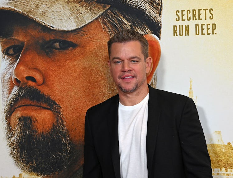 Matt Damon poses in front of photo of Matt Damon.