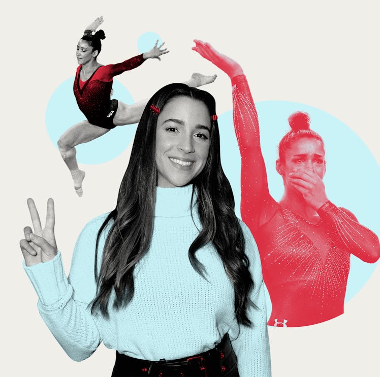 A three-part collage of Amy Raisman; showing a peache sign; jumping; stretching her arm out