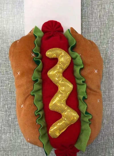 Top view of hot dog costume for small pet