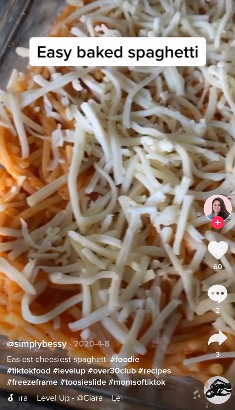 A dish of oven baked spaghetti from TikTok sits on the counter. 