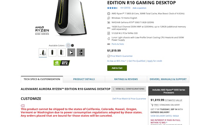 Some high-powered gaming PCs cannot be sold in California and several other states as new regulation...