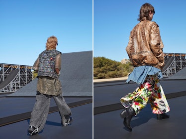 Two models wearing baggy Celine Homme pants designed by Hedi Slimane