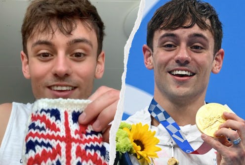 Tom Daley shows off his hand-knitted "cosy" for his Olympic gold medal.