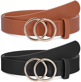 SANNSTHS Faux Leather Double O-Ring Belts (2-Pack)