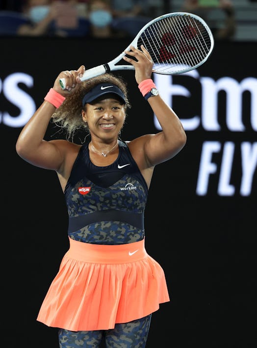 Naomi Osaka of Japan celebrates after winning the women's singles final between Naomi Osaka of Japan...