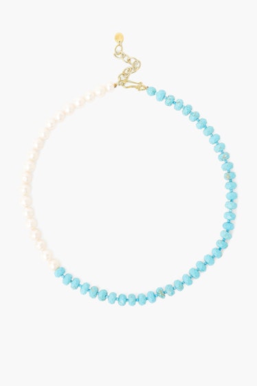 Turquoise And White Pearl Color Block Necklace
