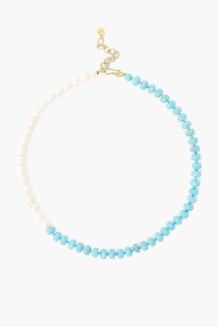 Turquoise And White Pearl Color Block Necklace